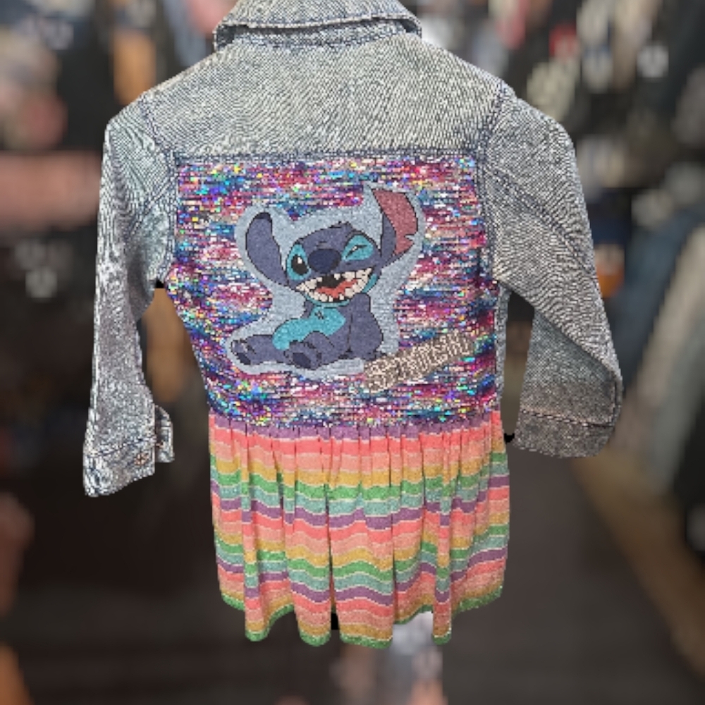Kids Upcycled Denim Jacket with Sequin Stitch Design Attached Skirt